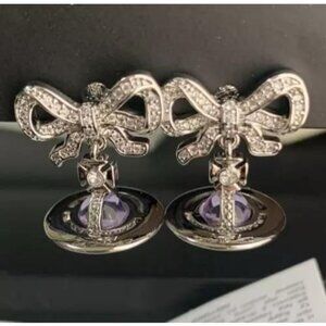 Vivienne Westwood Drop Ribbon Orb Earrings Silver Purple In Box/Drawstring